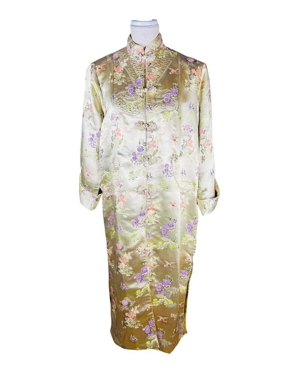Vintage MCM 60s 70s Shanghai China Gold Brocade Hostess Robe Opera Coat Duster M